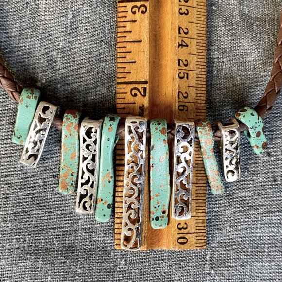 Boho Braided Corded Turquoise Silver Necklace - Picture 4 of 5